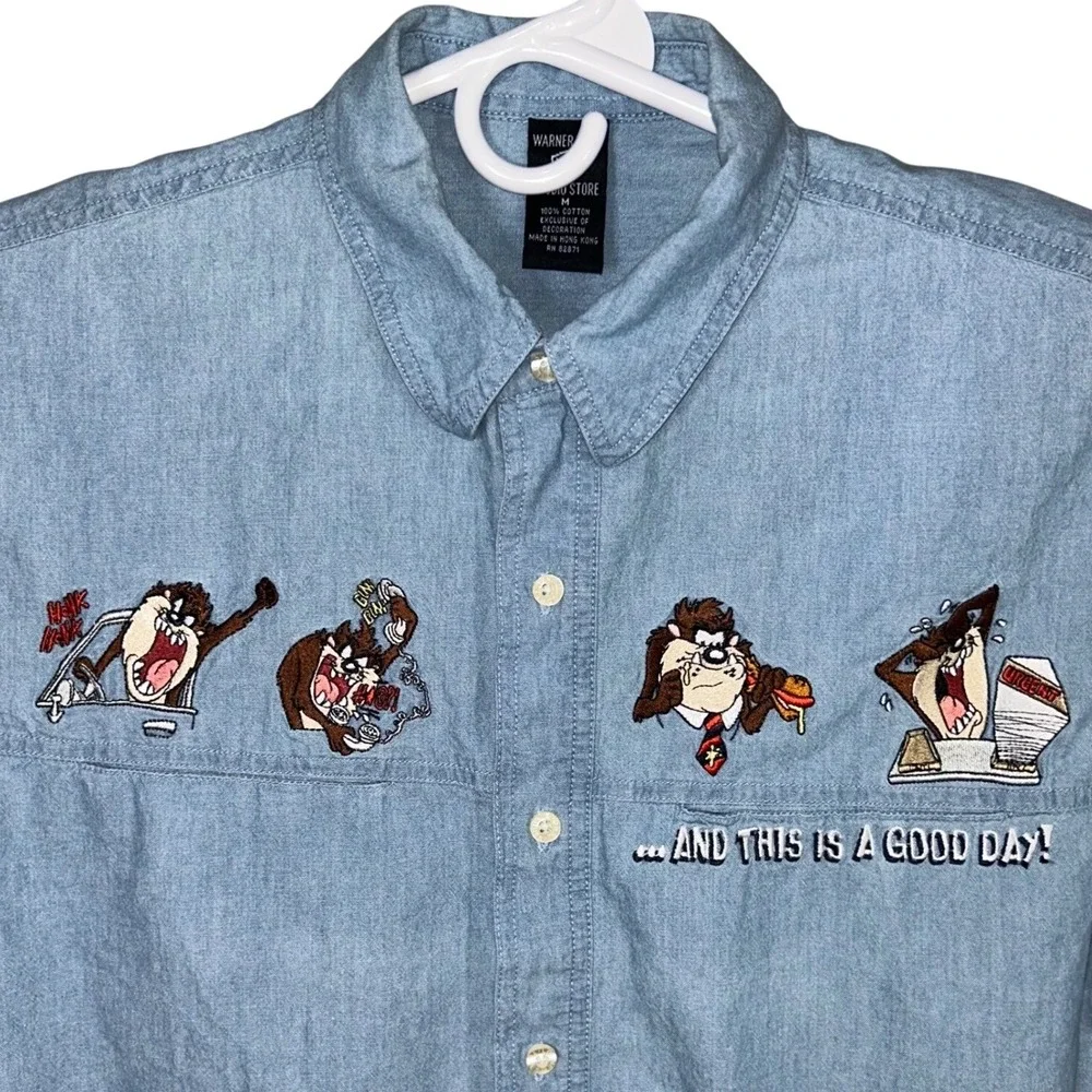 Vintage Warner Brothers Studio Taz Tasmanian Devil Denim Shirt Cartoon Medium - Picture 1 of 13